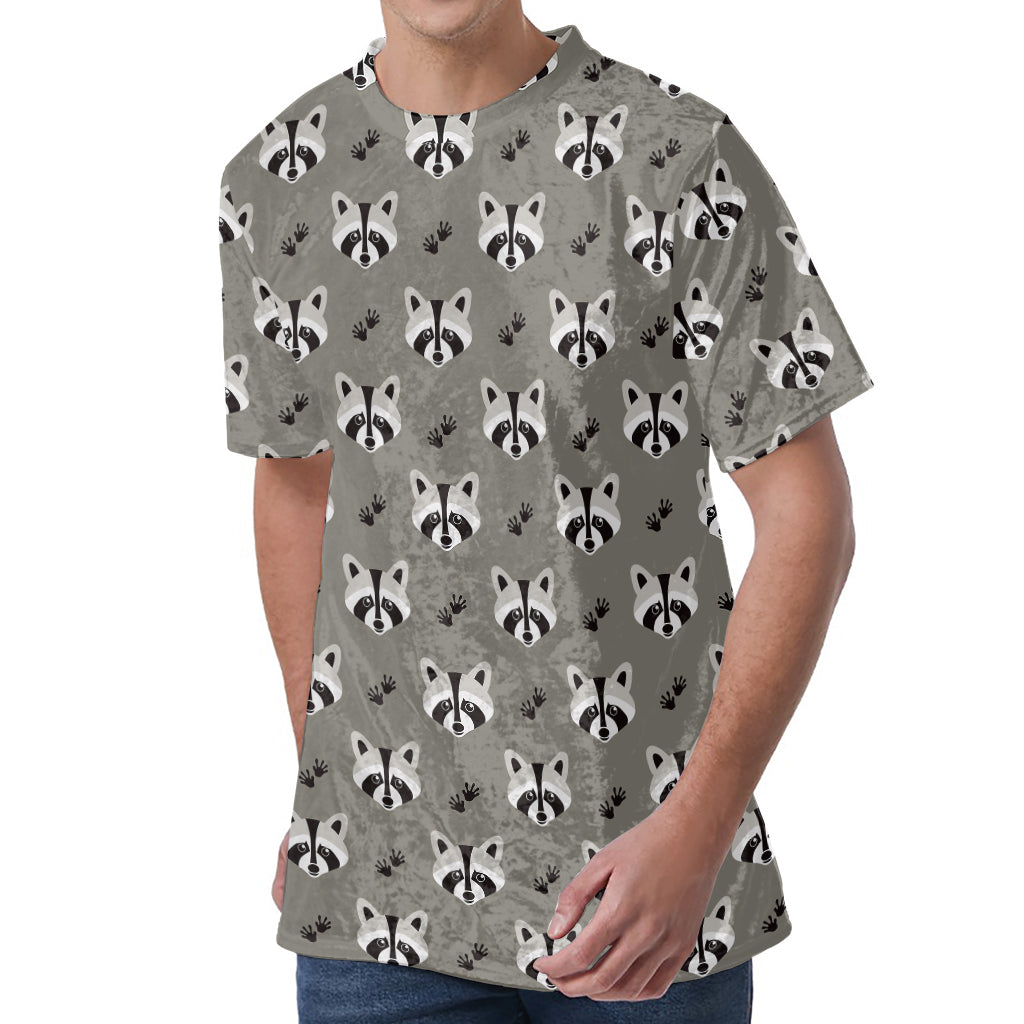 Grey Raccoon Pattern Print Men's Velvet T-Shirt