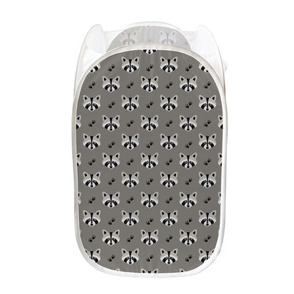 Grey Raccoon Pattern Print Mesh Laundry Hamper