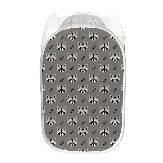 Grey Raccoon Pattern Print Mesh Laundry Hamper