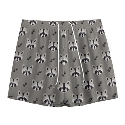 Grey Raccoon Pattern Print Mesh Shorts