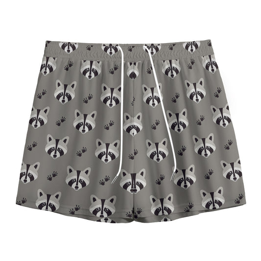 Grey Raccoon Pattern Print Mesh Shorts