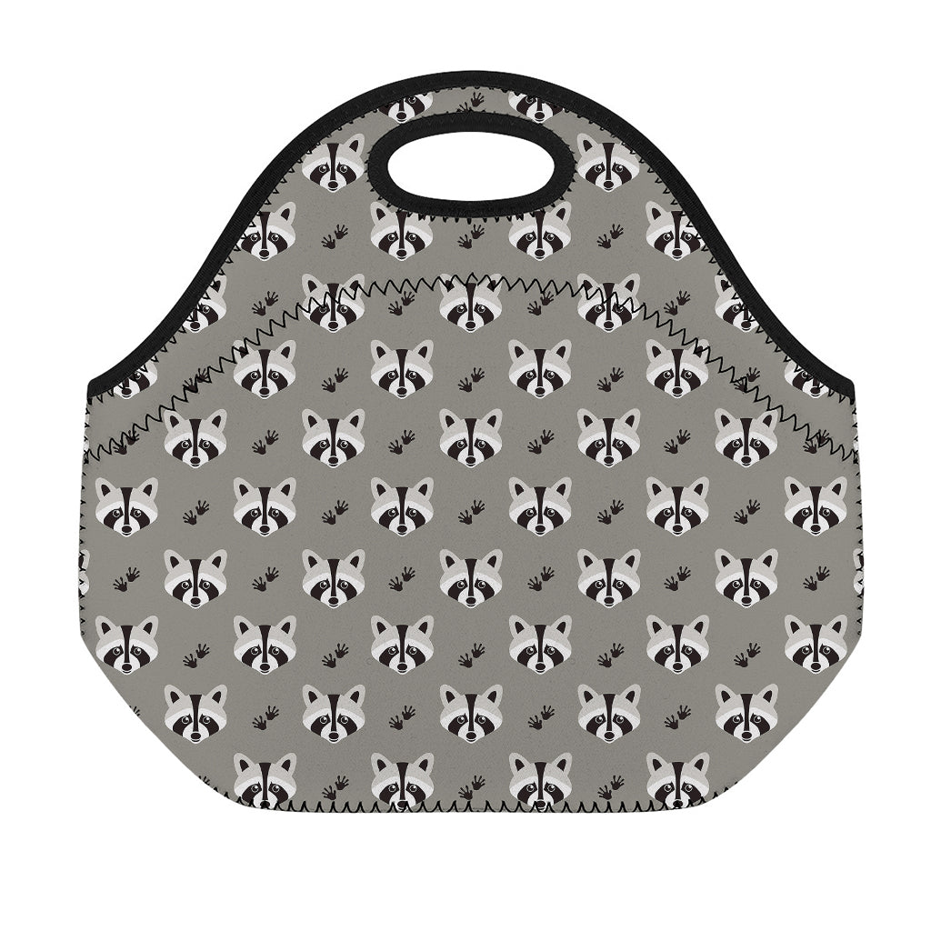 Grey Raccoon Pattern Print Neoprene Lunch Bag