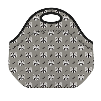 Grey Raccoon Pattern Print Neoprene Lunch Bag