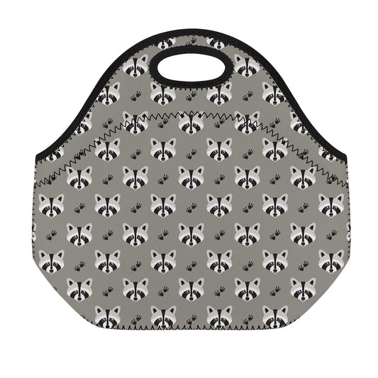 Grey Raccoon Pattern Print Neoprene Lunch Bag