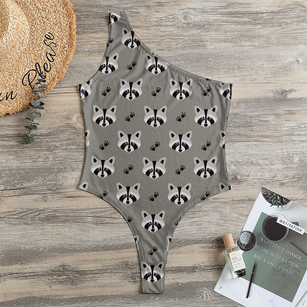 Grey Raccoon Pattern Print One Shoulder Bodysuit