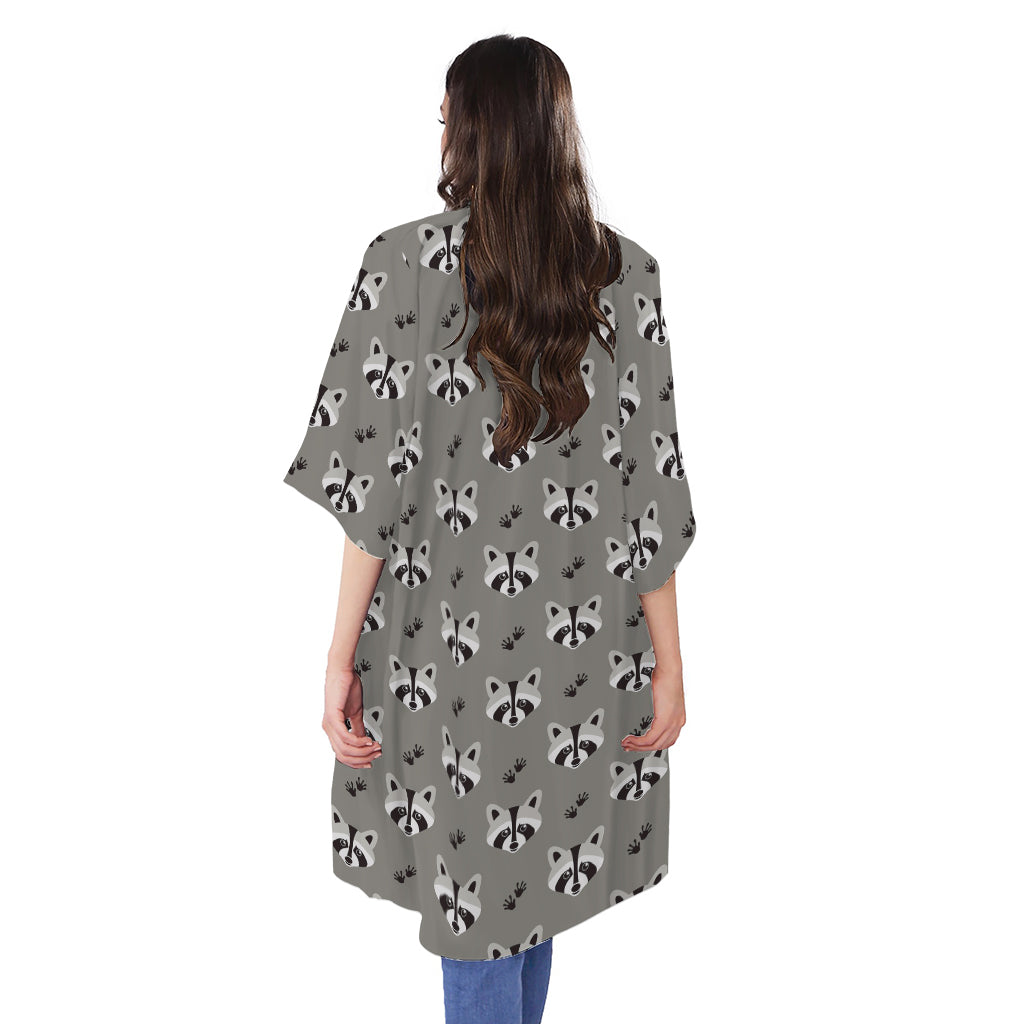 Grey Raccoon Pattern Print Open Front Beach Cover Up