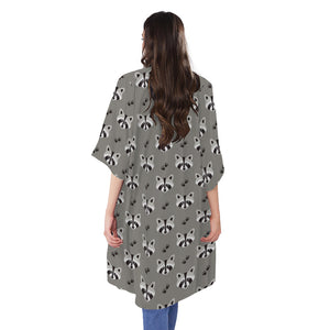 Grey Raccoon Pattern Print Open Front Beach Cover Up