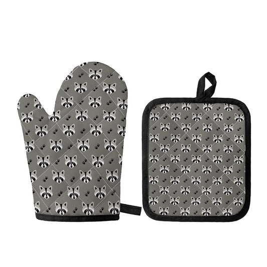 Grey Raccoon Pattern Print Oven Mitt And Pot Holder Set