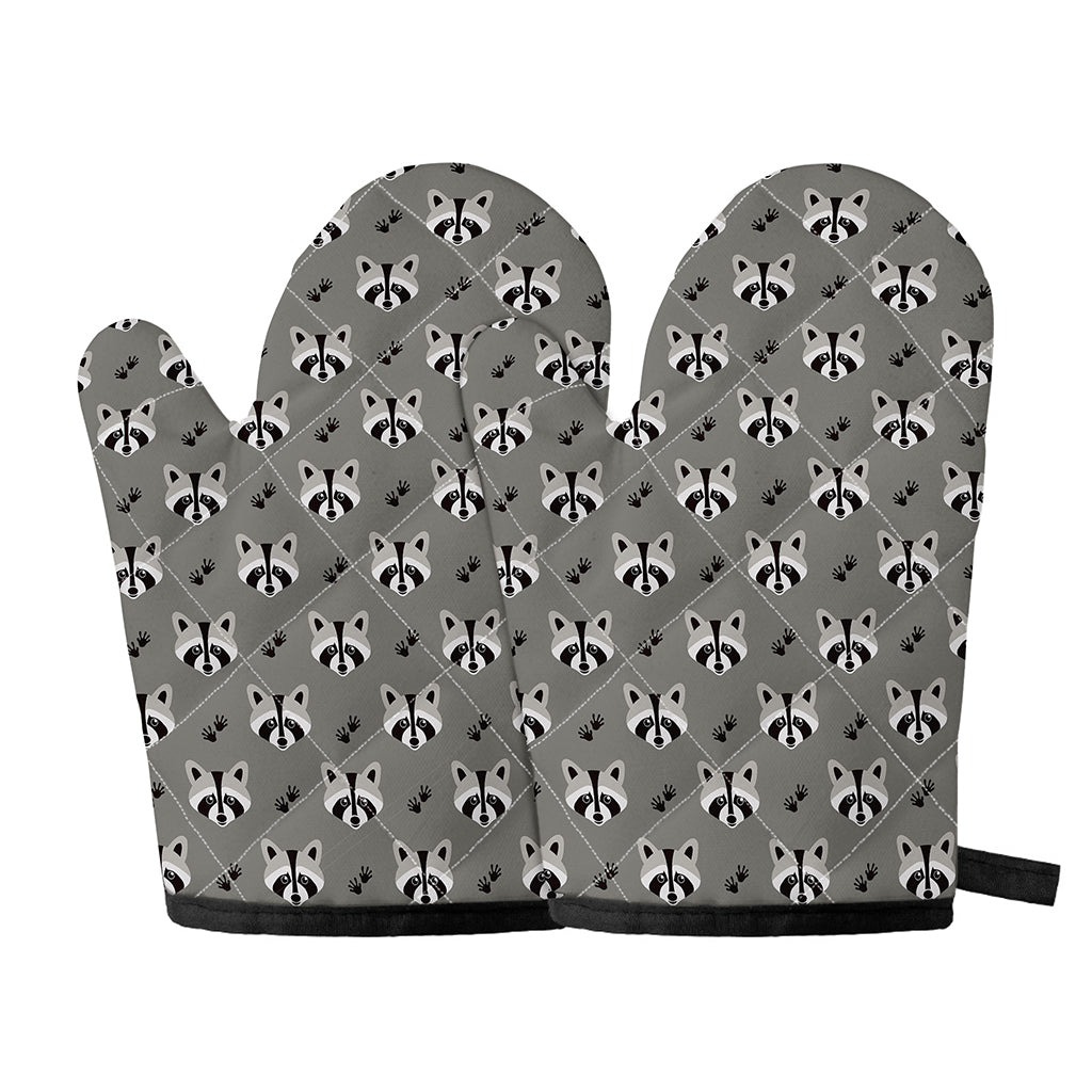 Grey Raccoon Pattern Print Oven Mitts