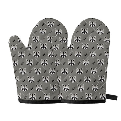 Grey Raccoon Pattern Print Oven Mitts