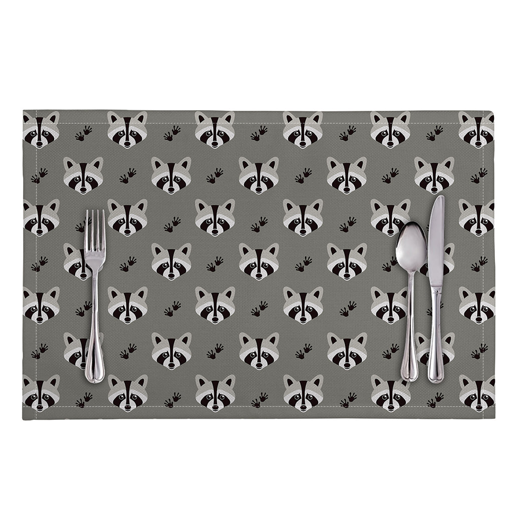Grey Raccoon Pattern Print Placemat