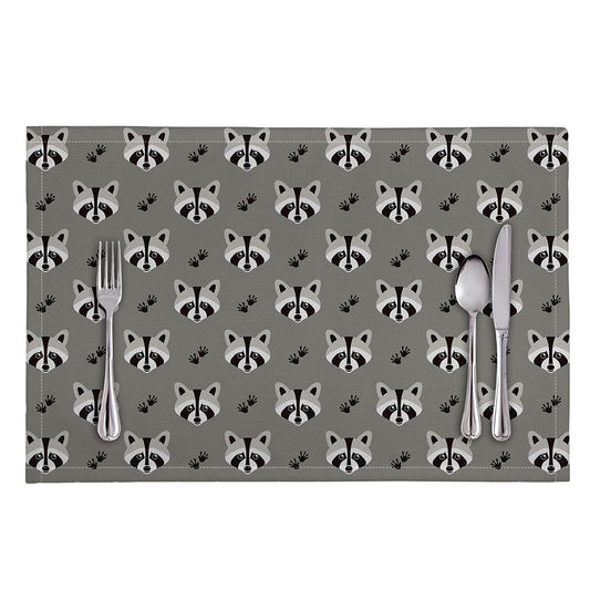 Grey Raccoon Pattern Print Placemat
