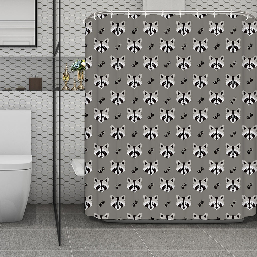 Grey Raccoon Pattern Print Polyester Shower Curtain