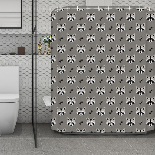 Grey Raccoon Pattern Print Polyester Shower Curtain