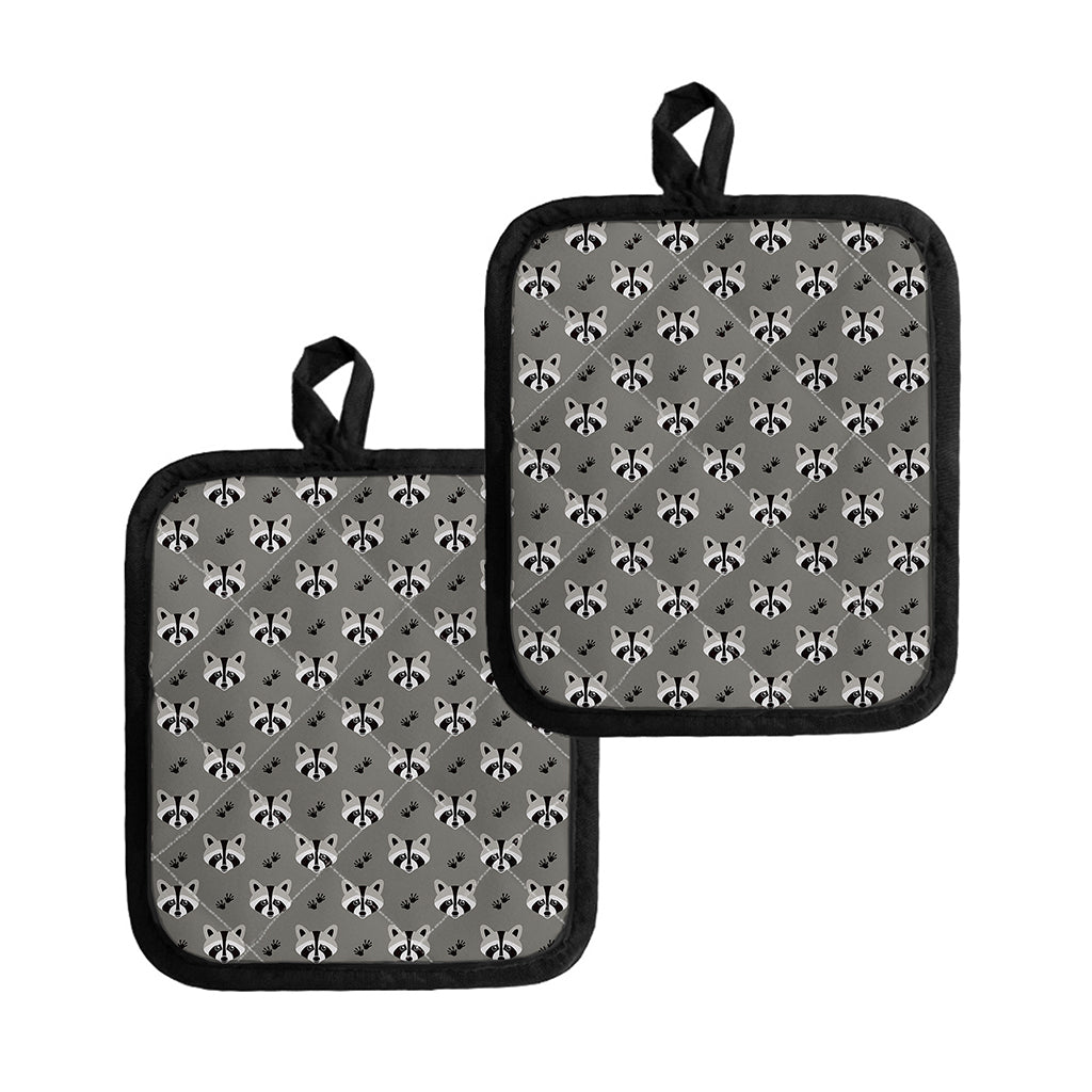 Grey Raccoon Pattern Print Pot Holders