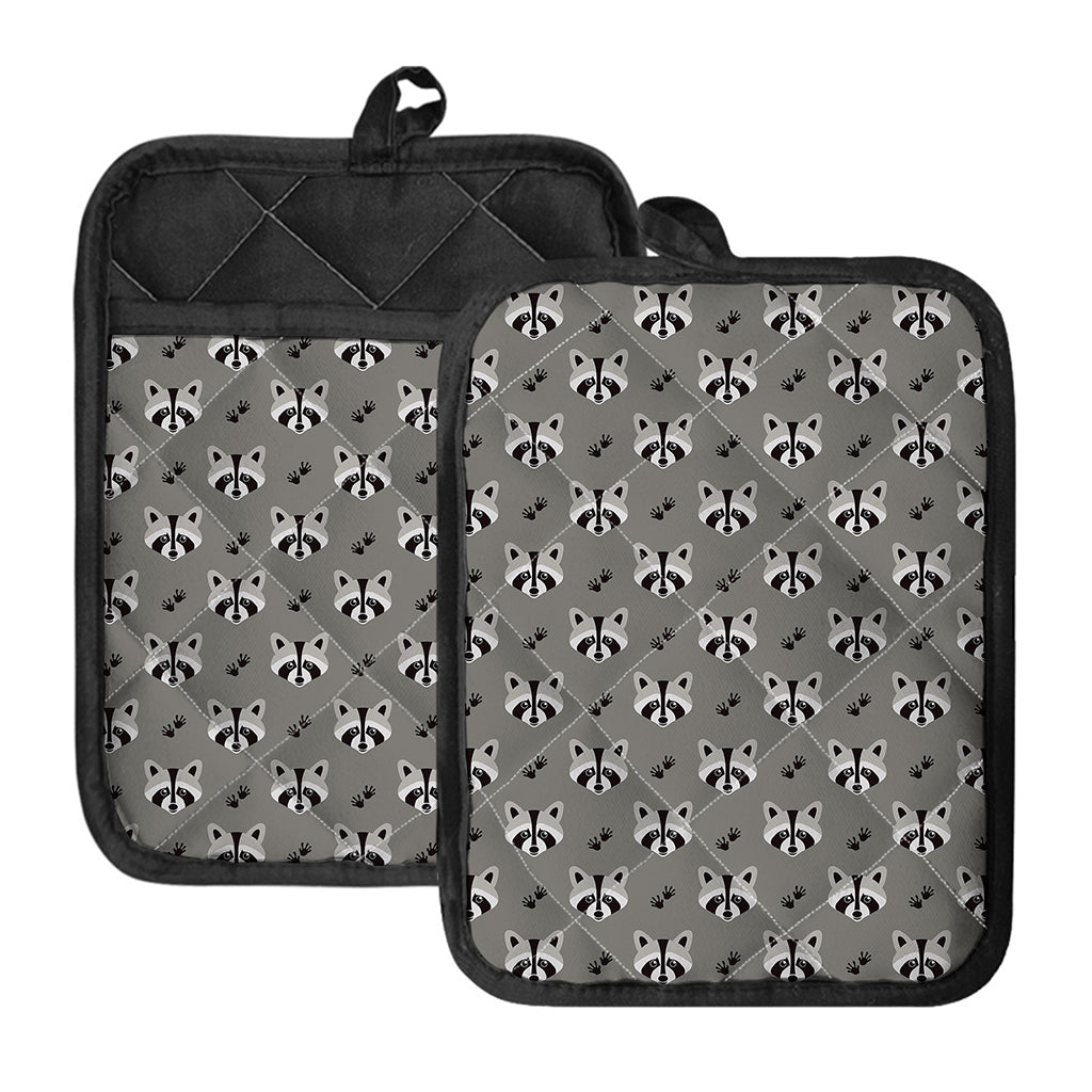 Grey Raccoon Pattern Print Pot Holders With Pocket