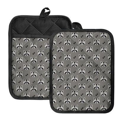Grey Raccoon Pattern Print Pot Holders With Pocket