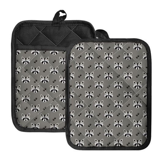 Grey Raccoon Pattern Print Pot Holders With Pocket