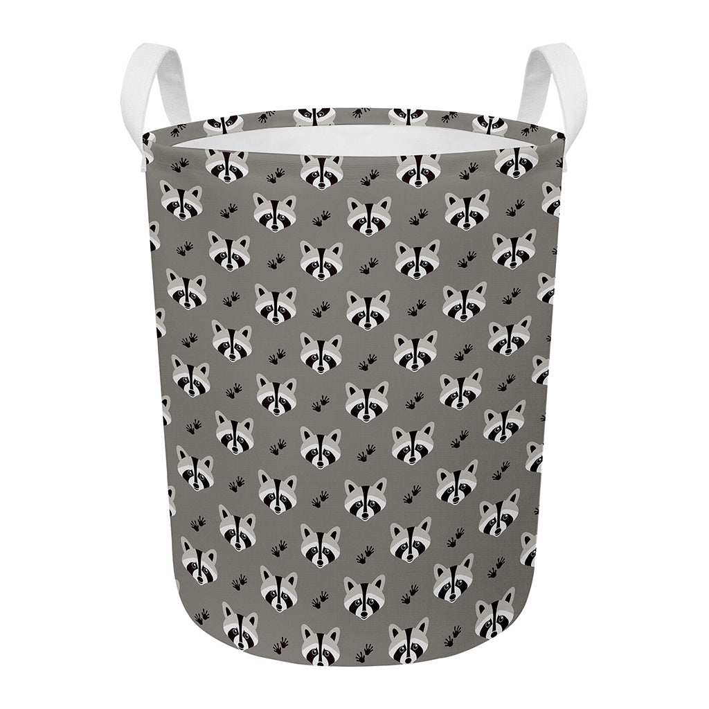 Grey Raccoon Pattern Print Round Laundry Basket