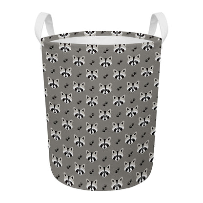 Grey Raccoon Pattern Print Round Laundry Basket