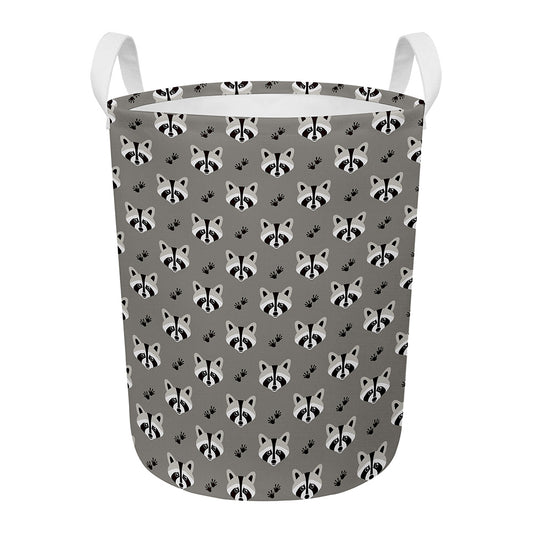 Grey Raccoon Pattern Print Round Laundry Basket