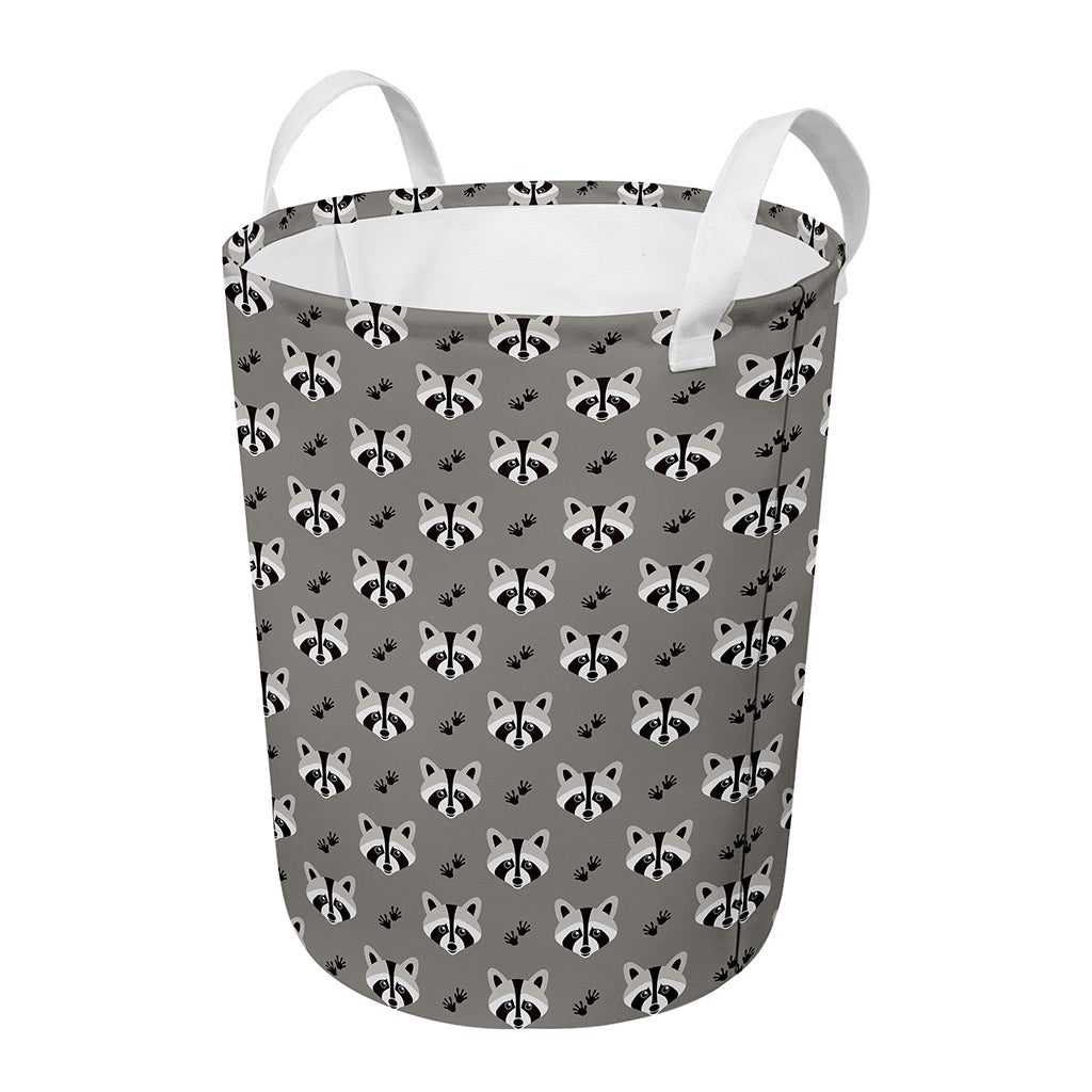 Grey Raccoon Pattern Print Round Laundry Basket