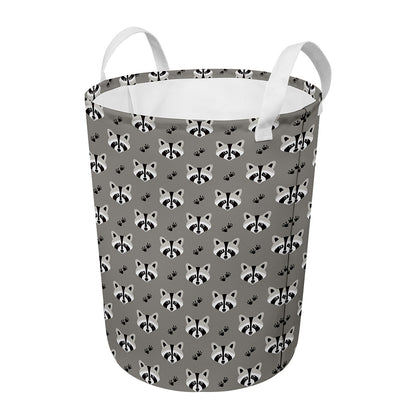Grey Raccoon Pattern Print Round Laundry Basket