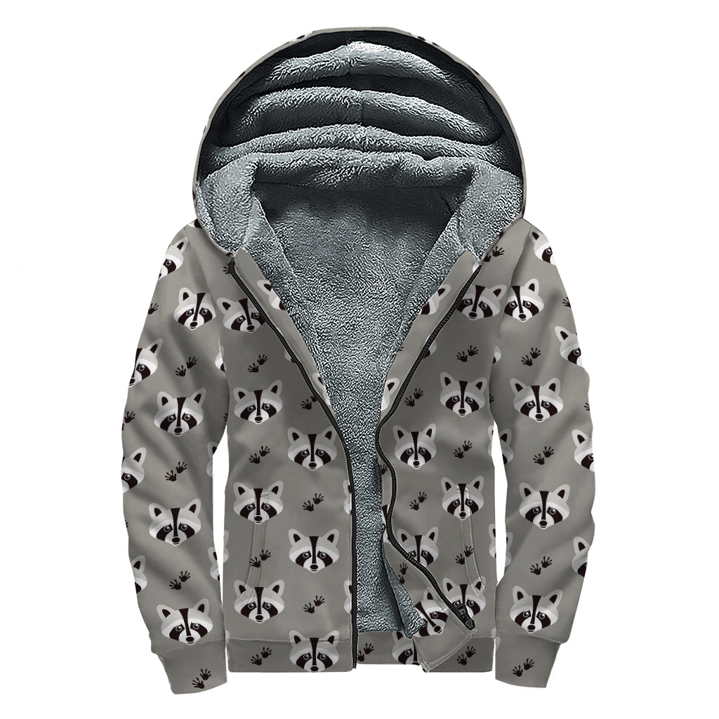 Grey Raccoon Pattern Print Sherpa Lined Zip Up Hoodie