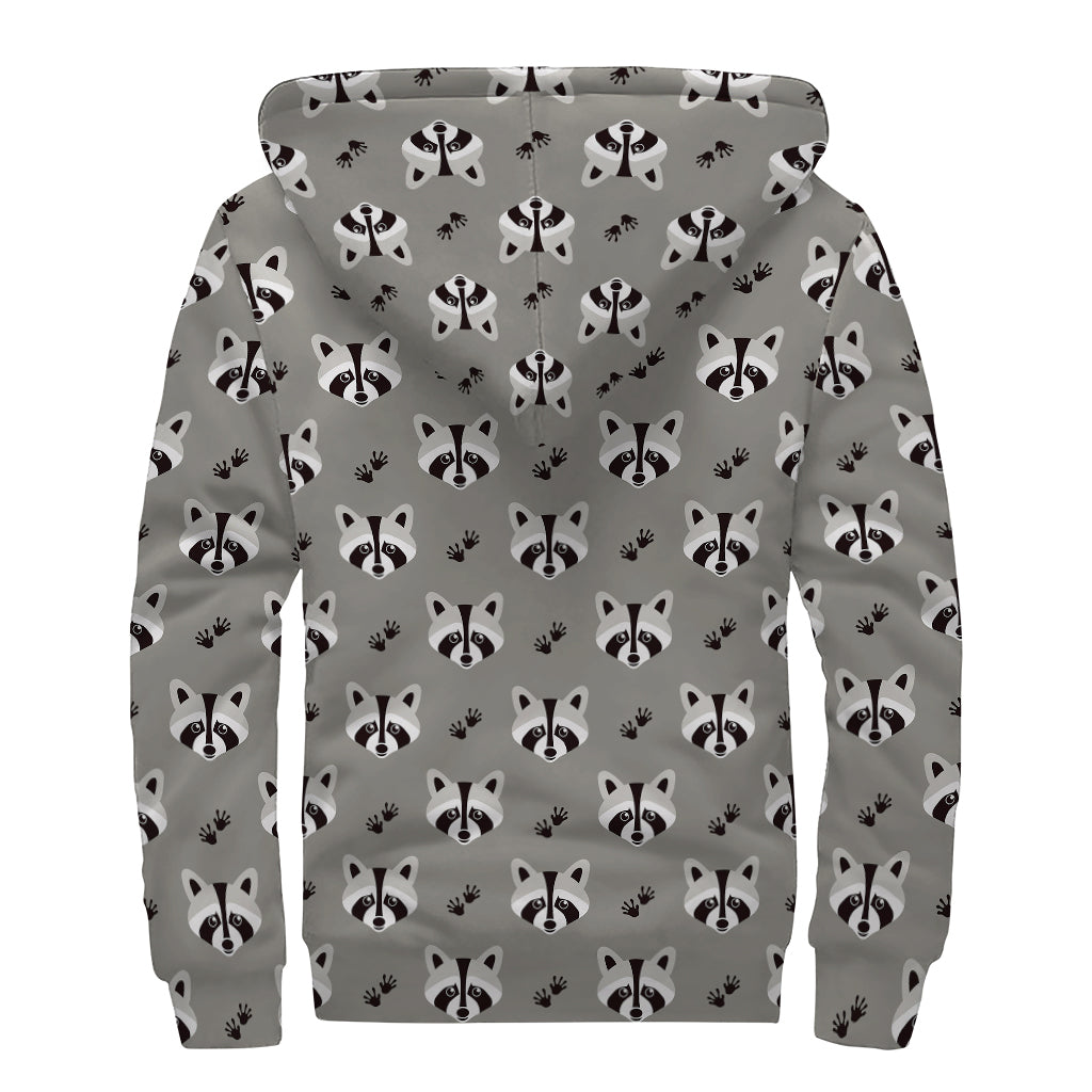 Grey Raccoon Pattern Print Sherpa Lined Zip Up Hoodie