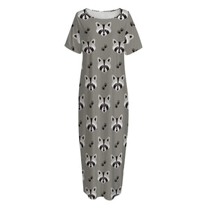 Grey Raccoon Pattern Print Short Sleeve Long Nightdress