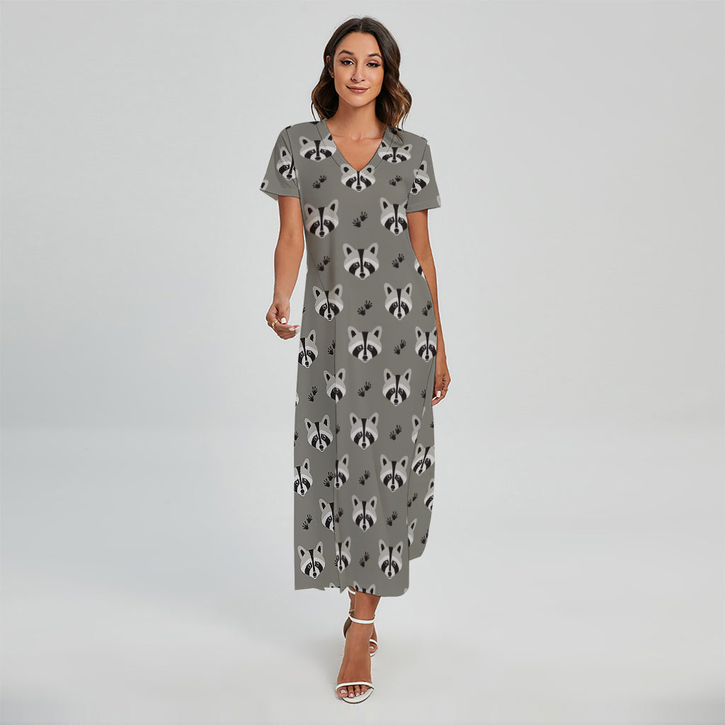 Grey Raccoon Pattern Print Short Sleeve Maxi Dress