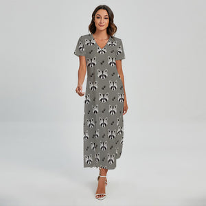 Grey Raccoon Pattern Print Short Sleeve Maxi Dress