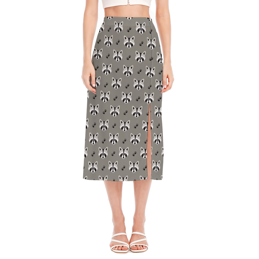 Grey Raccoon Pattern Print Side Slit Midi Skirt