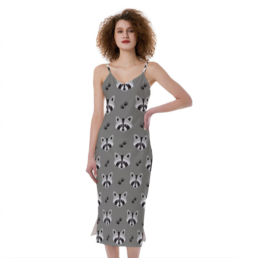 Grey Raccoon Pattern Print Slim Fit Midi Cami Dress