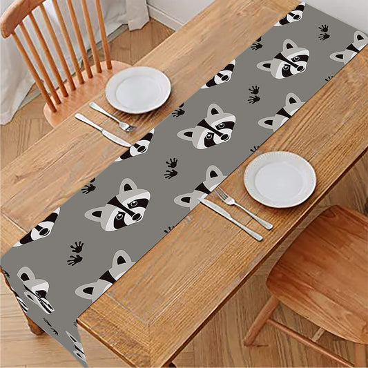 Grey Raccoon Pattern Print Table Runner