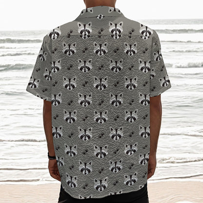 Grey Raccoon Pattern Print Textured Short Sleeve Shirt