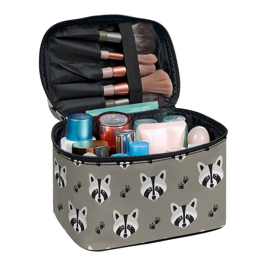 Grey Raccoon Pattern Print Travel Makeup Bag