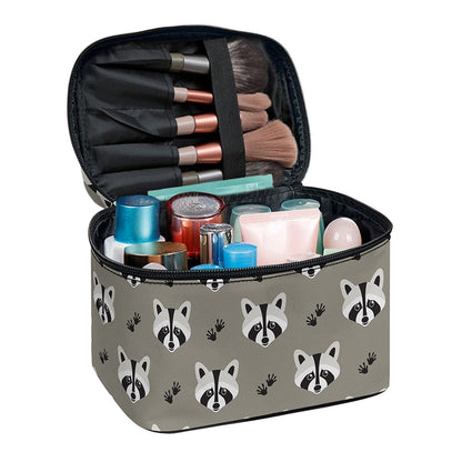 Grey Raccoon Pattern Print Travel Makeup Bag