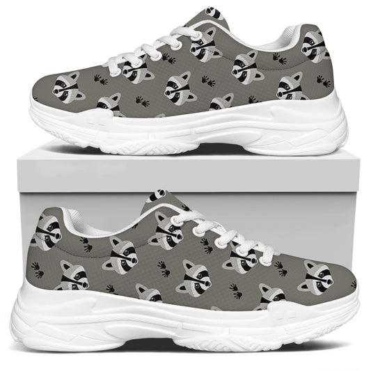 Grey Raccoon Pattern Print White Chunky Shoes