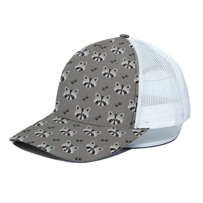 Grey Raccoon Pattern Print White Mesh Trucker Cap