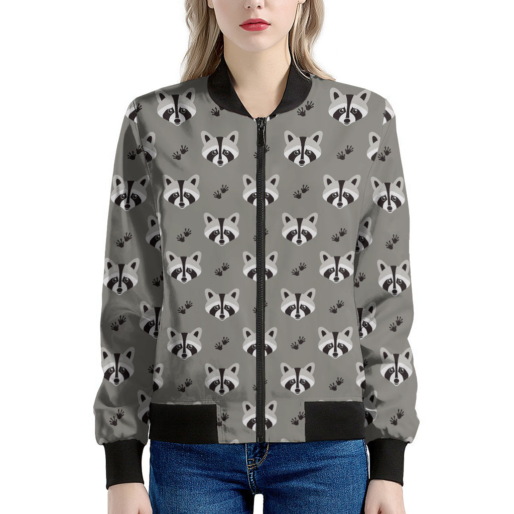 Grey Raccoon Pattern Print Women's Bomber Jacket