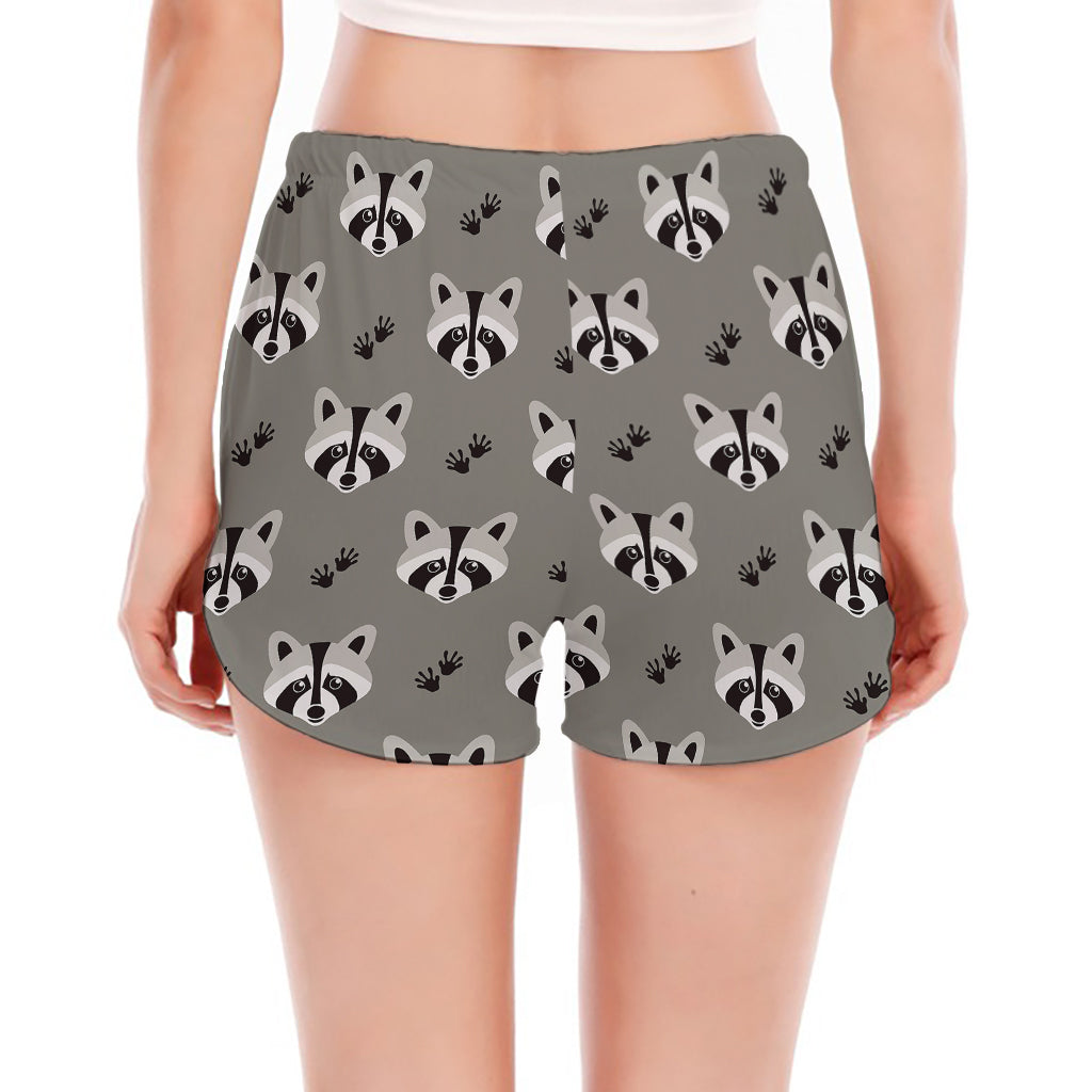 Grey Raccoon Pattern Print Women's Split Running Shorts