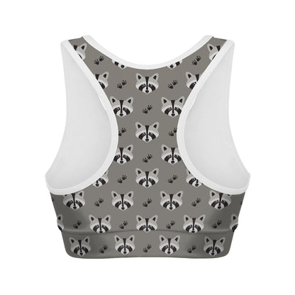 Grey Raccoon Pattern Print Women's Sports Bra