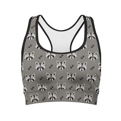Grey Raccoon Pattern Print Women's Sports Bra
