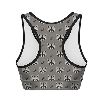 Grey Raccoon Pattern Print Women's Sports Bra
