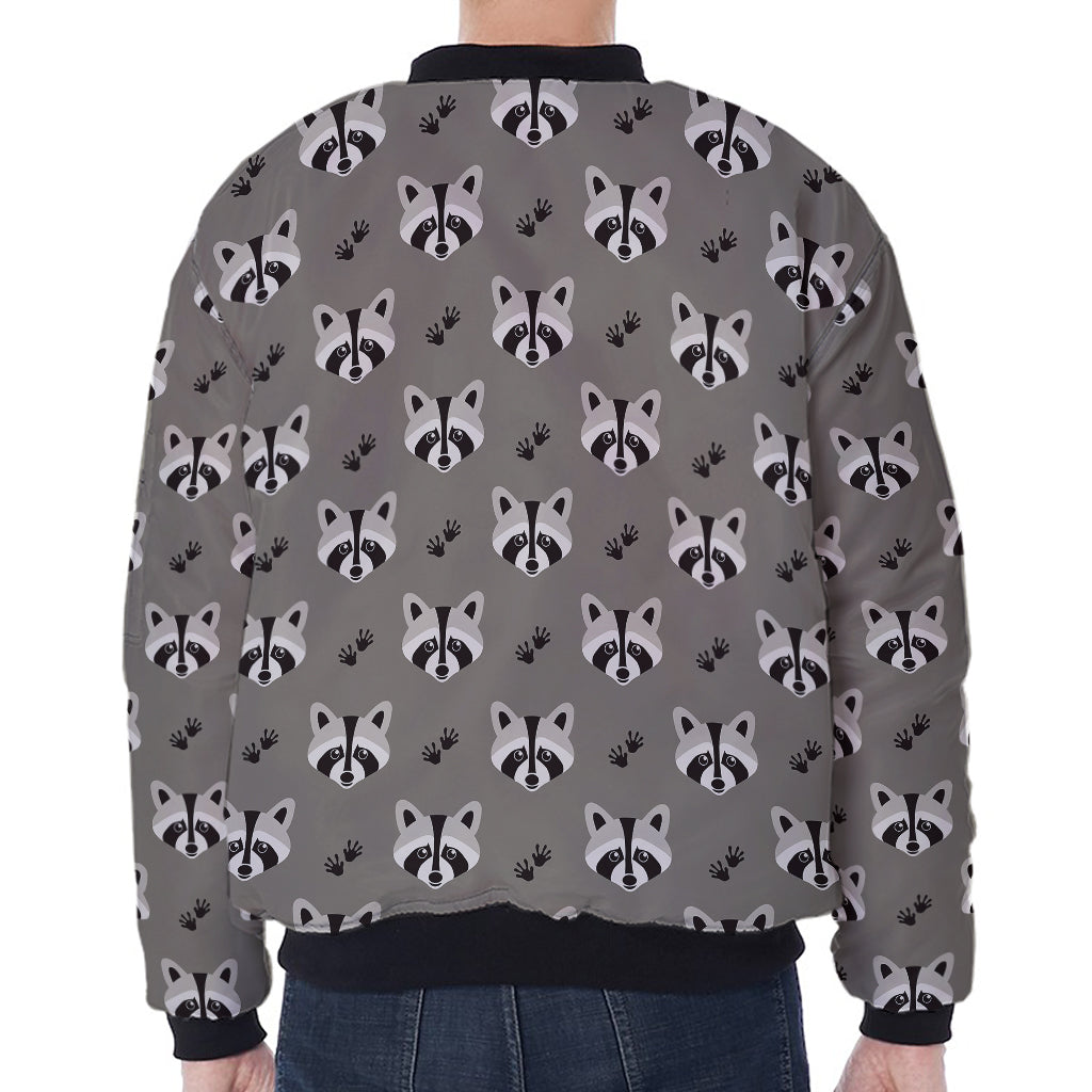 Grey Raccoon Pattern Print Zip Sleeve Bomber Jacket
