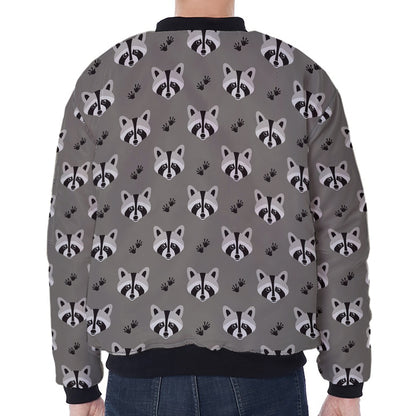 Grey Raccoon Pattern Print Zip Sleeve Bomber Jacket