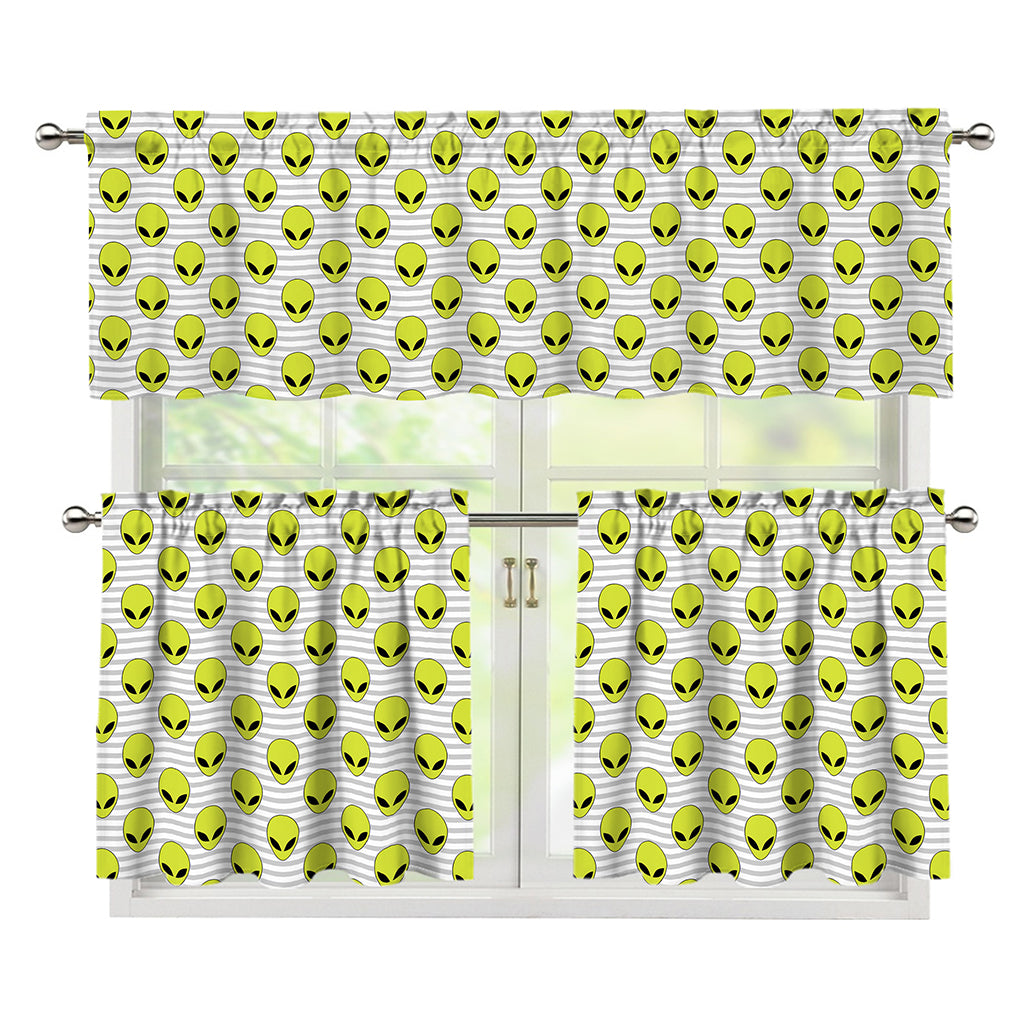 Grey Striped Alien Pattern Print 3 Piece Kitchen Curtains