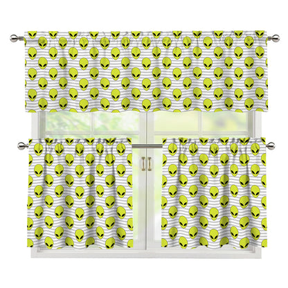 Grey Striped Alien Pattern Print 3 Piece Kitchen Curtains