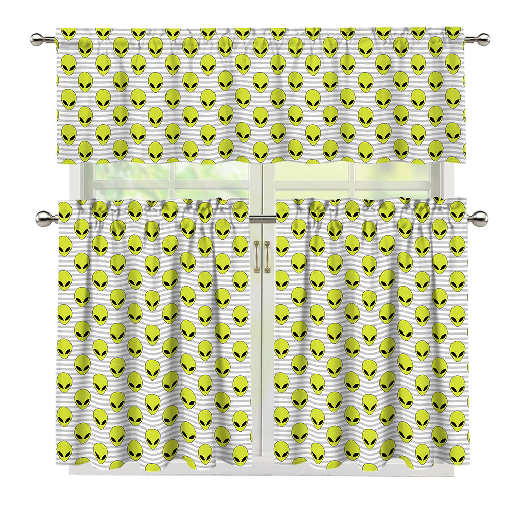 Grey Striped Alien Pattern Print 3 Piece Kitchen Curtains